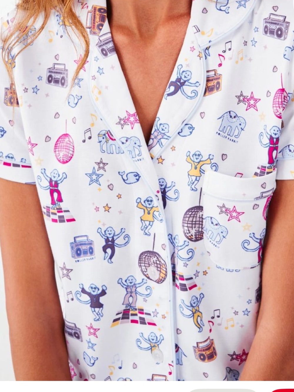 Roller Rabbit White Disco Animal Print Pajama Top with Multi-Color Accents